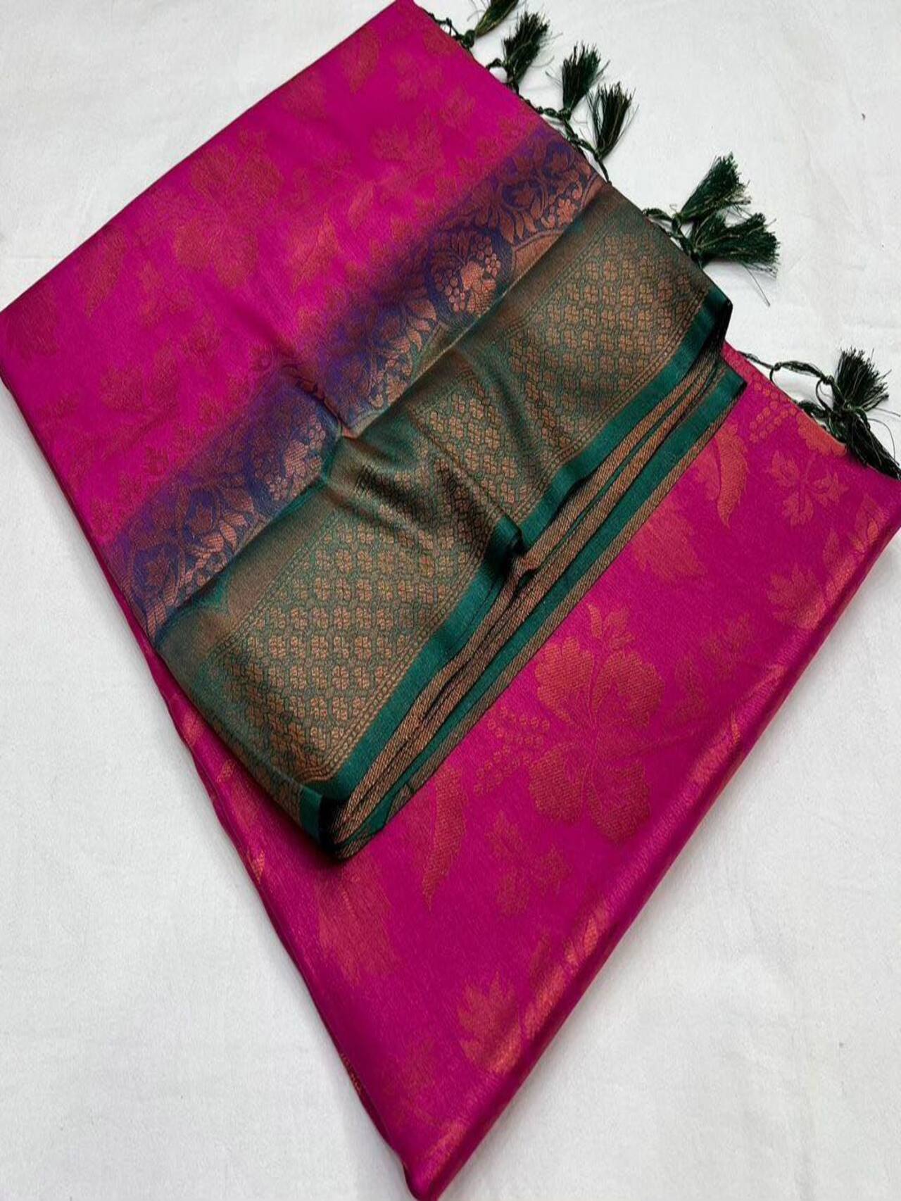 Kubera Pattu Soft Silk Saree | Pink-Green