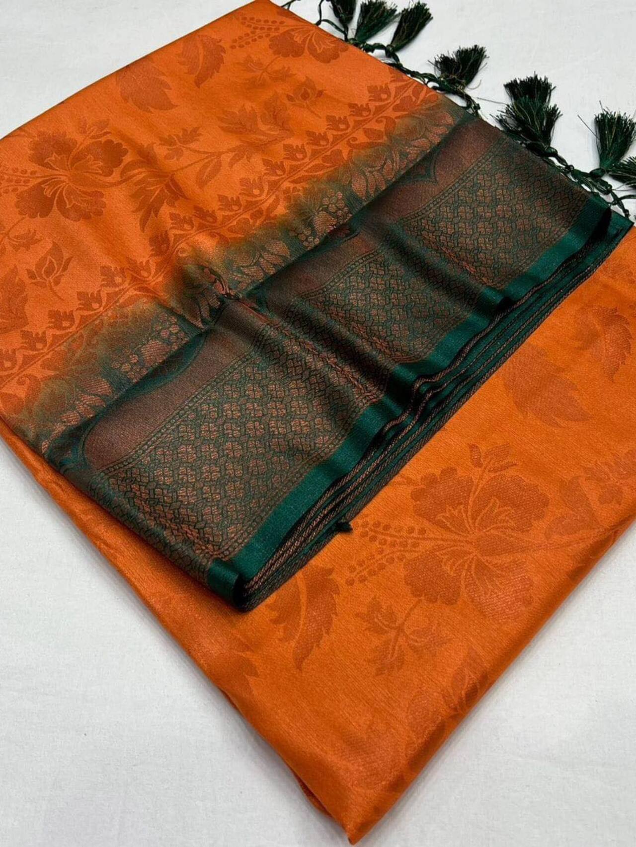 Kubera Pattu Soft Silk Saree | ORANGE-GREEN