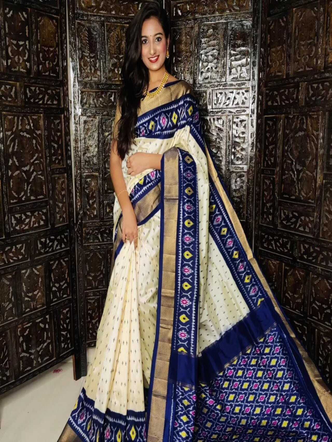 Ikkat Printed Soft Silk Saree | WHITE-BLUE