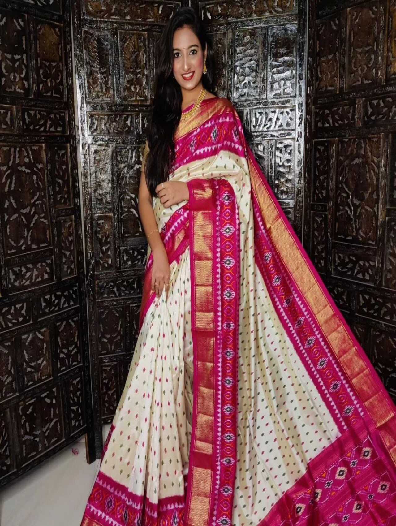 Ikkat Printed Soft Silk Saree | WHITE-PINK