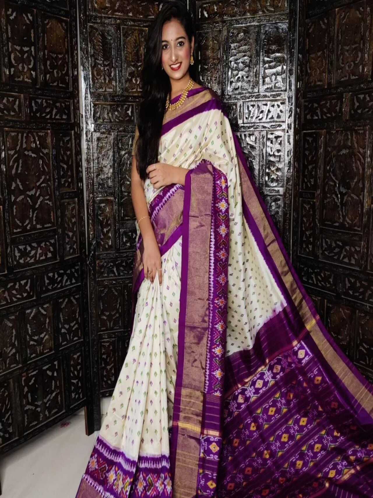 Ikkat Printed Soft Silk Saree | WHITE-PURPLE