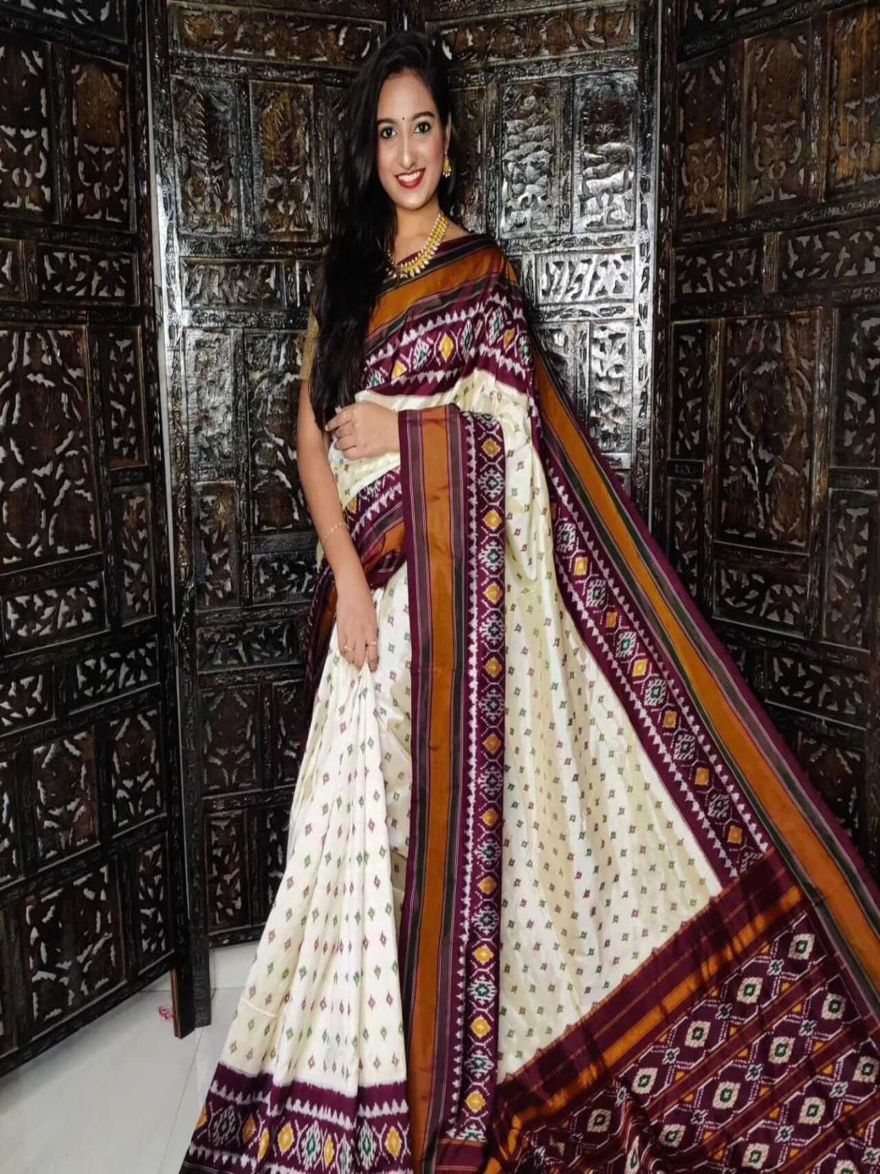 Ikkat Printed Soft Silk Saree | WHITE-WINE