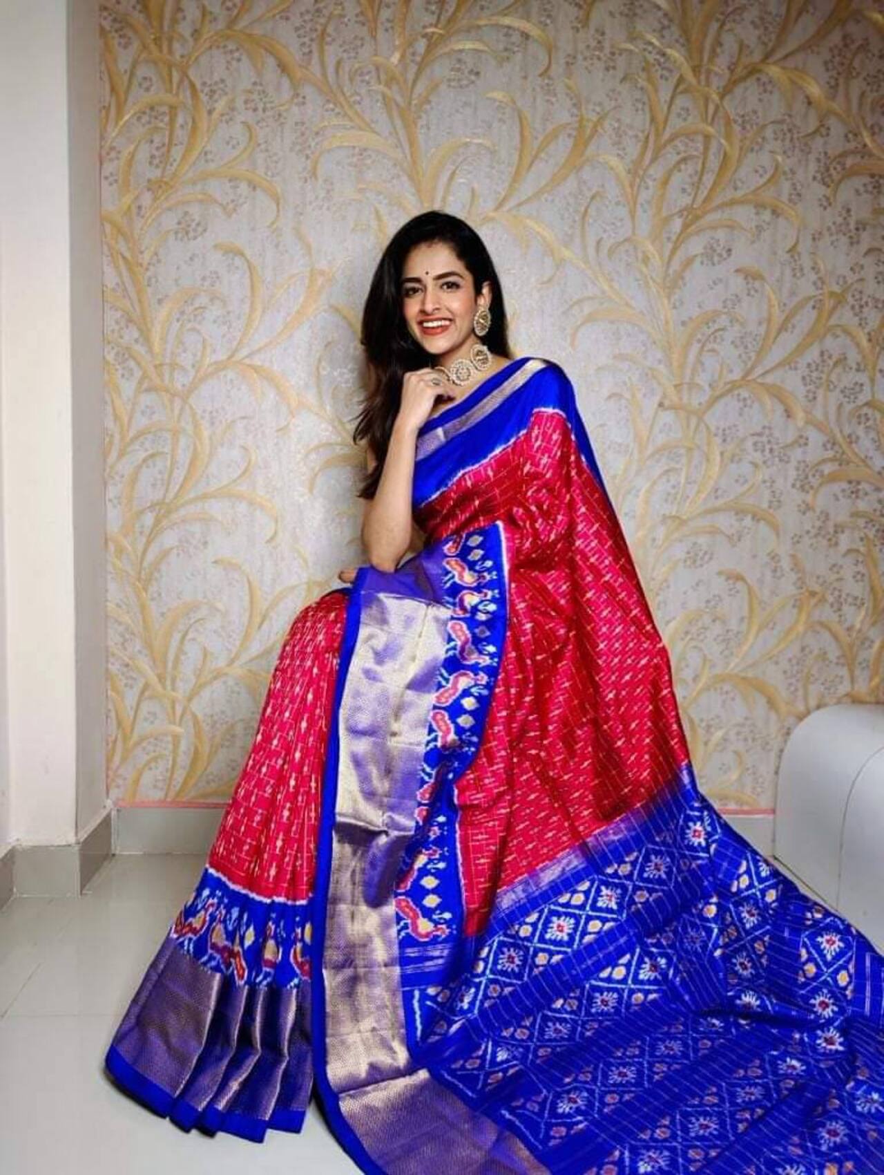 Graceful Ikkat Print Soft Silk Saree | Red-Blue