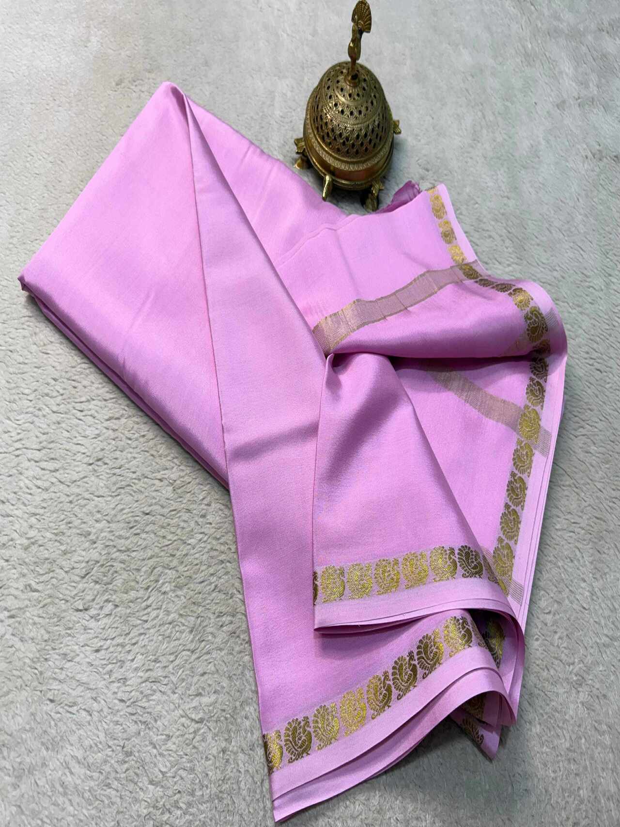 Classic Semi Mysore Silk Saree with Beautiful Multi-Design Zari Border – Lightweight & Elegant Look