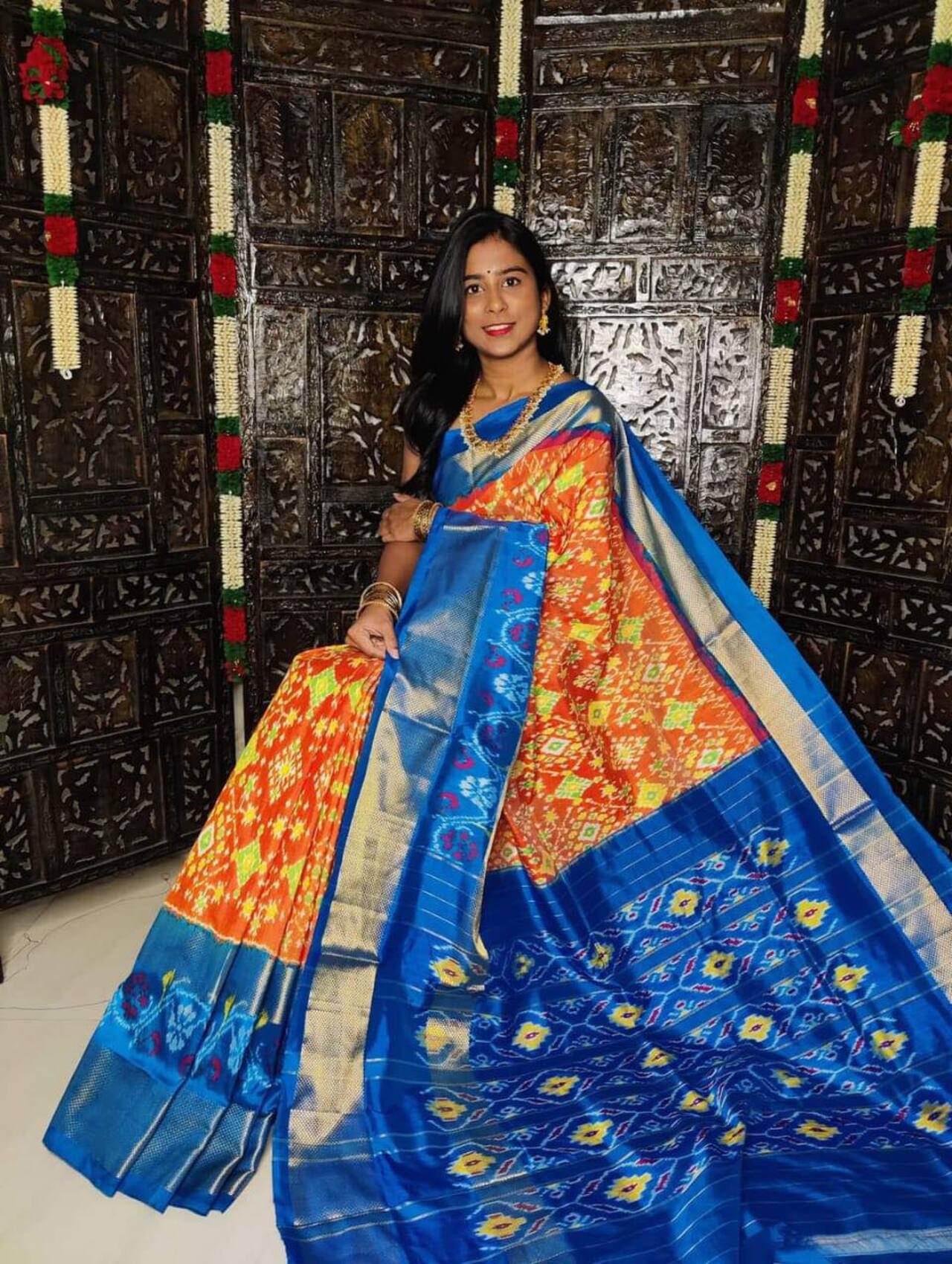 Ikkat Printed Soft Silk Traditional Saree | ORANGE-BLUE