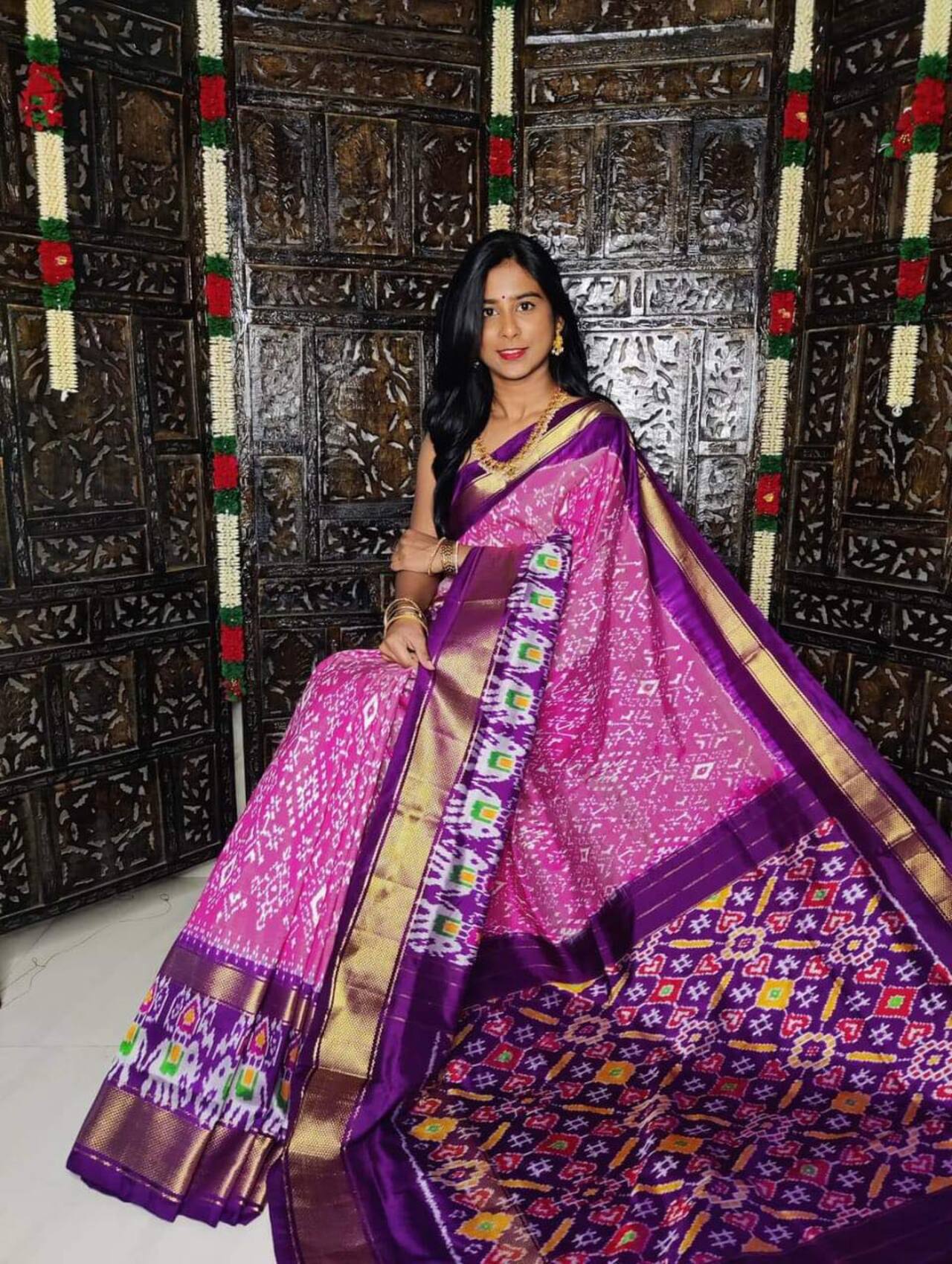 Ikkat Printed Soft Silk Traditional Saree | PINK-PURPLE