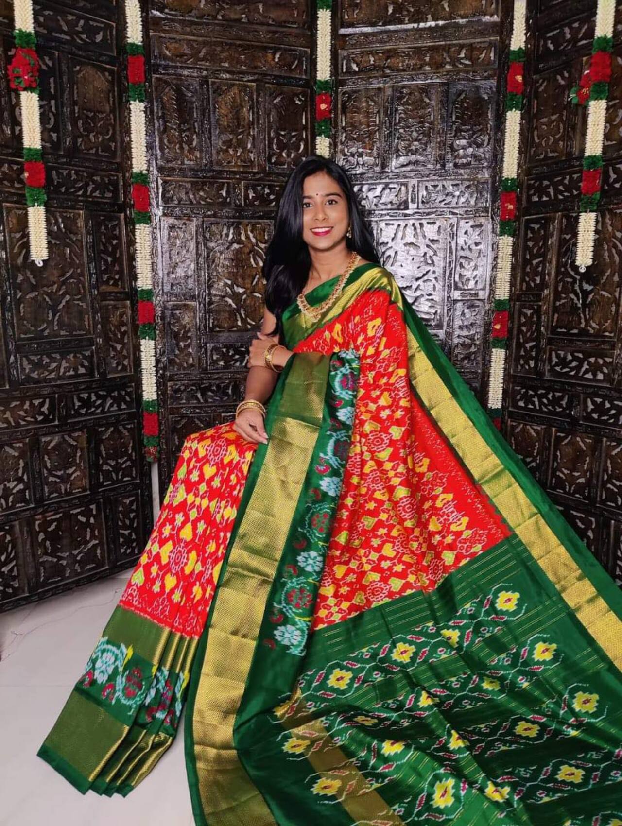 Traditional Ikkat Printed Soft Silk Saree | Orange-GREEN