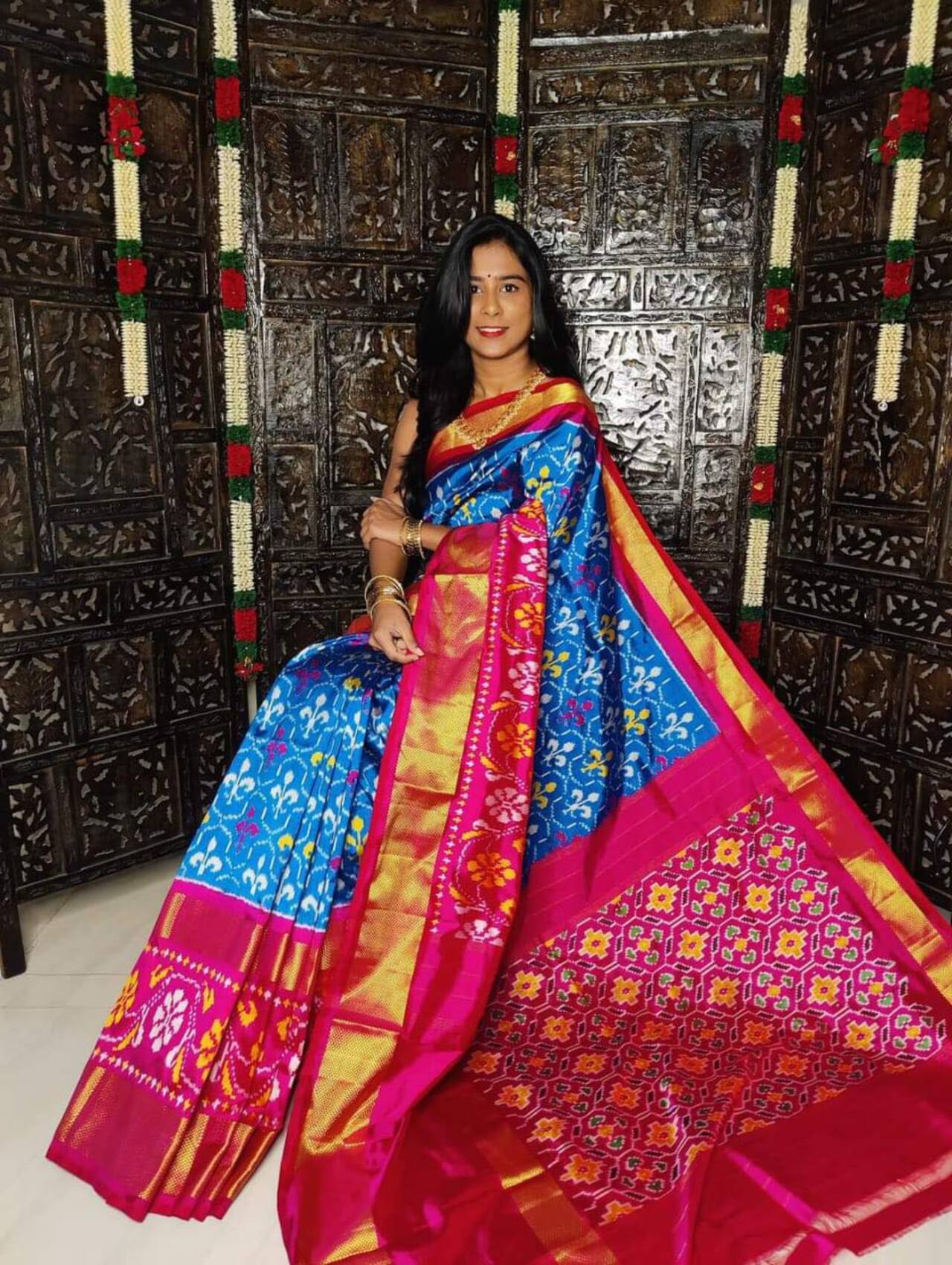 Skyblue Ikkat Printed Handloom Soft Silk Saree
