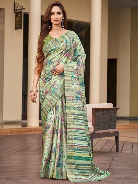 Kotha Zari Digital Printed Saree |GREEN