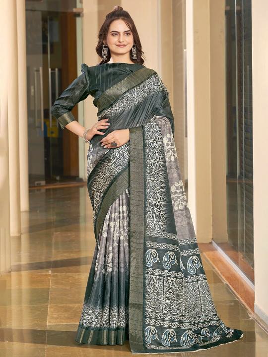 Kotha Zari Digital Printed Saree | GREY