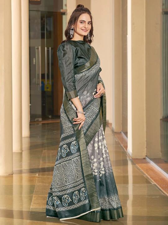 Kotha Zari Digital Printed Saree | GREY