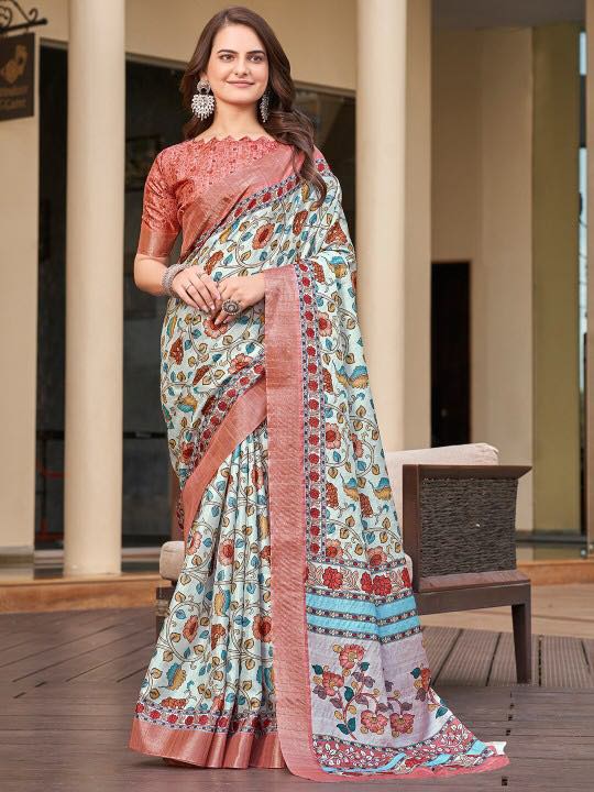 Kotha Zari Digital Printed Saree | WHITE