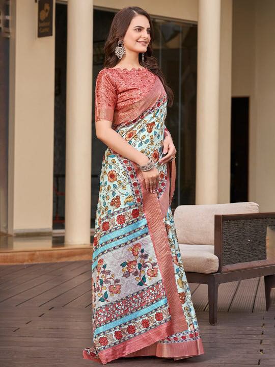 Kotha Zari Digital Printed Saree | WHITE