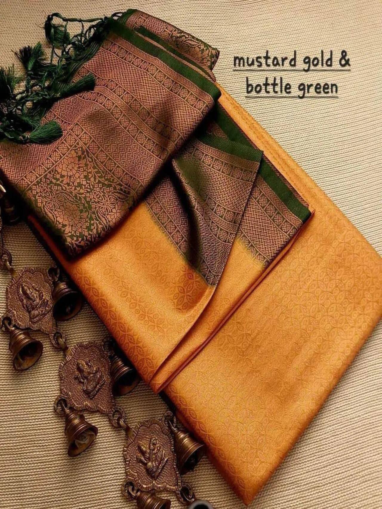 Premium Softy Silk Saree | GOLD-GREEN