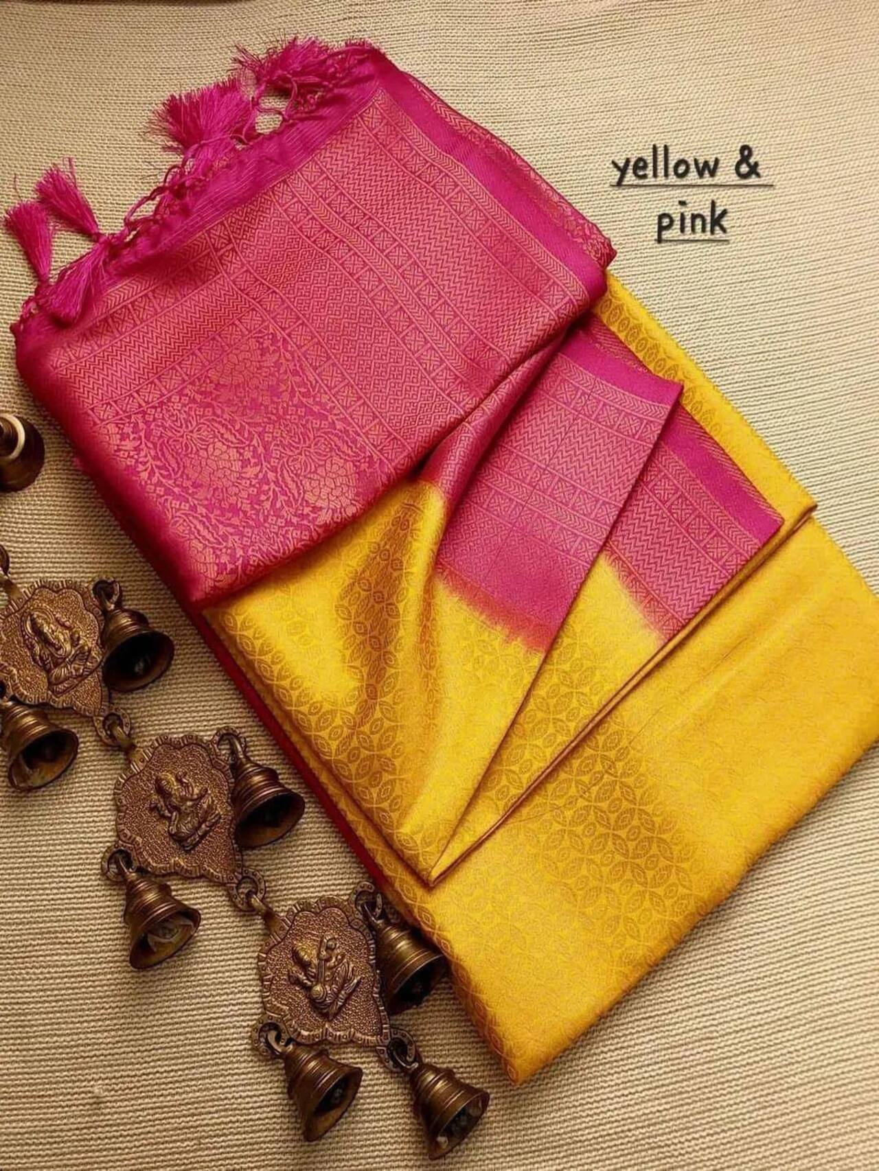 Premium Softy Silk Saree | YELLOW-PINK