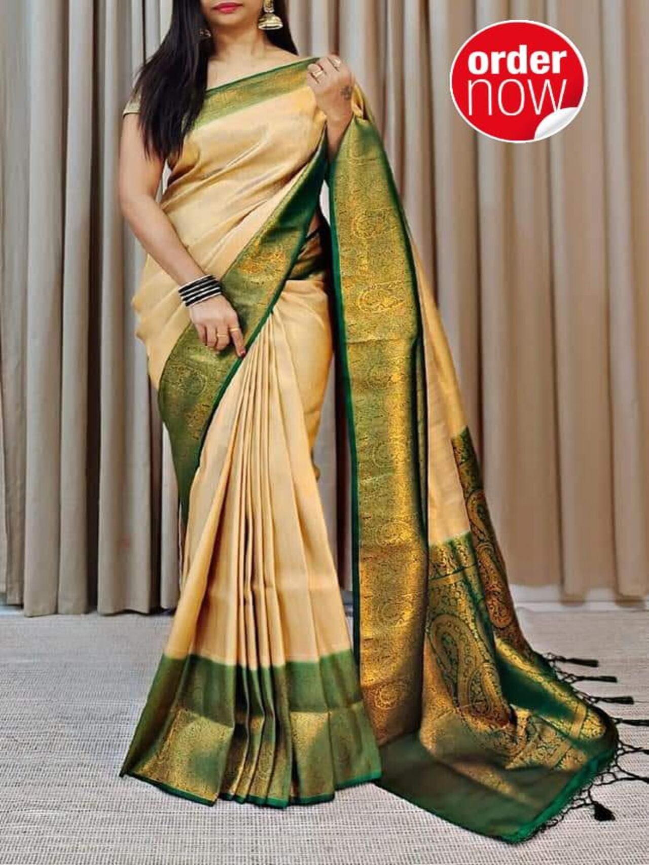 Authentic Soft Banarasi Silk Saree | BEIGE-GREEN